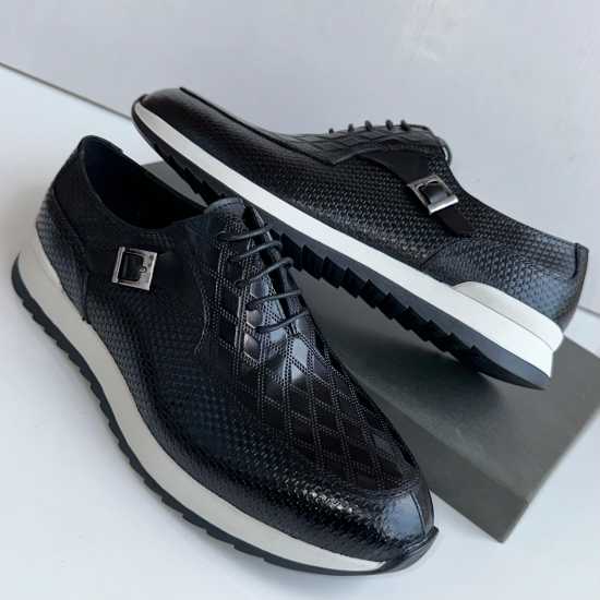 Berluti Leather Lace Up Side Buckle Shoe Black